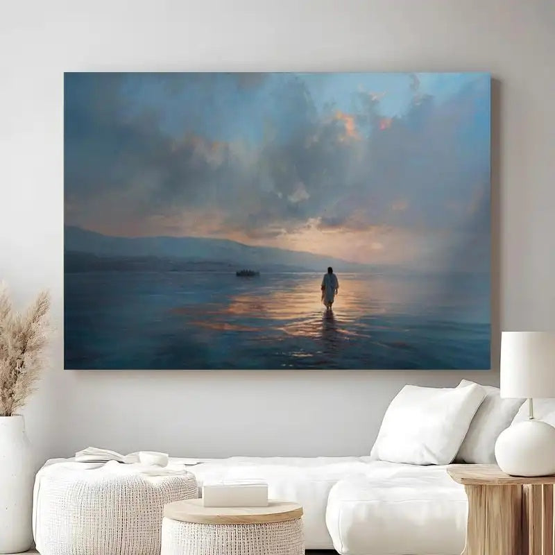 Faith-inspired Jesus walking on water with ocean reflection canvas wall art, additional product view 4 with contemporary